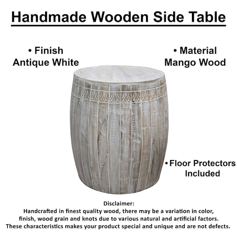Handcrafted Mango Wood Drum Side Table, Antique White with Carved Detail