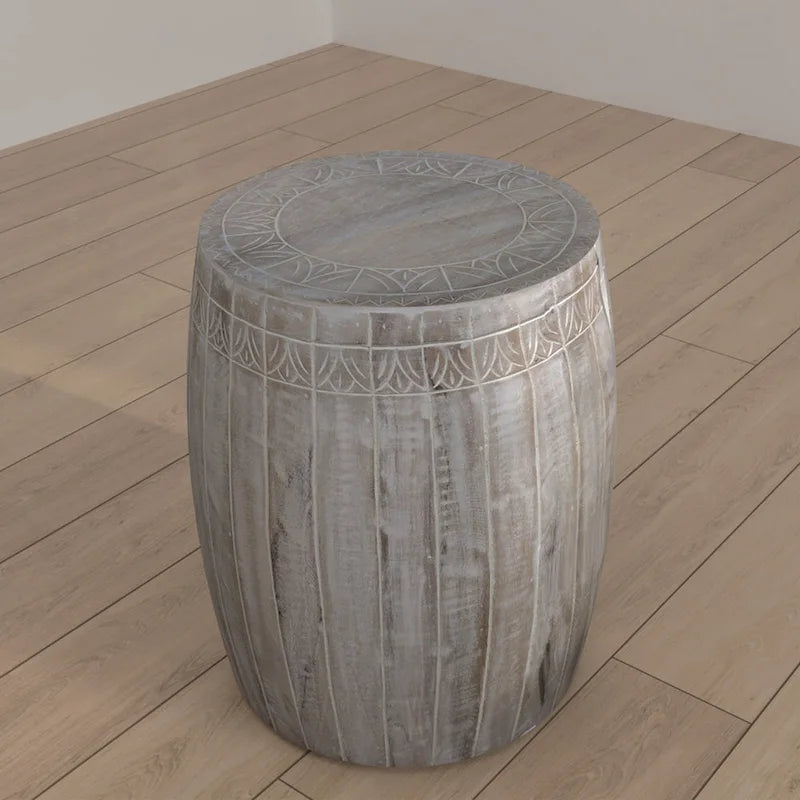 Handcrafted Mango Wood Drum Side Table, Antique White with Carved Detail