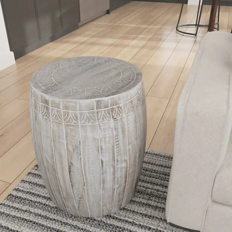 Handcrafted Mango Wood Drum Side Table, Antique White with Carved Detail