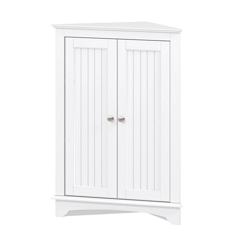 Freestanding Corner Floor Cabinet with 2 Beadboard Doors & 3 Shelves