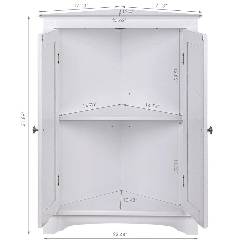 Freestanding Corner Floor Cabinet with 2 Beadboard Doors & 3 Shelves