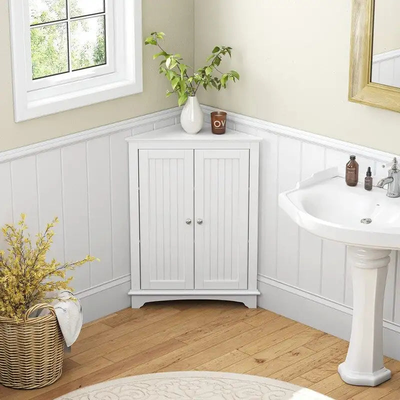 Freestanding Corner Floor Cabinet with 2 Beadboard Doors & 3 Shelves