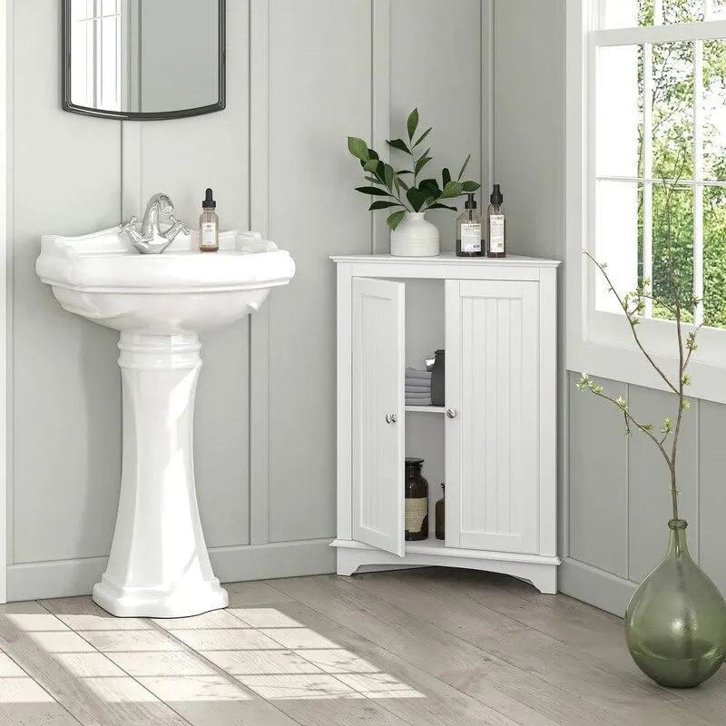 Freestanding Corner Floor Cabinet with 2 Beadboard Doors & 3 Shelves