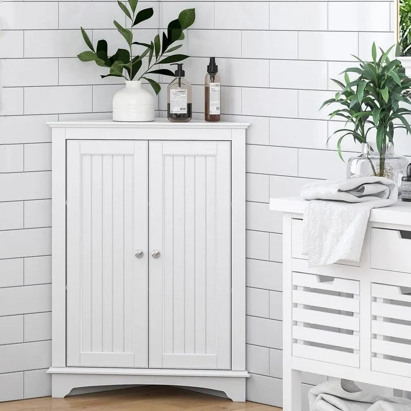 Freestanding Corner Floor Cabinet with 2 Beadboard Doors & 3 Shelves