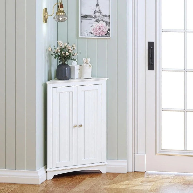 Freestanding Corner Floor Cabinet with 2 Beadboard Doors & 3 Shelves