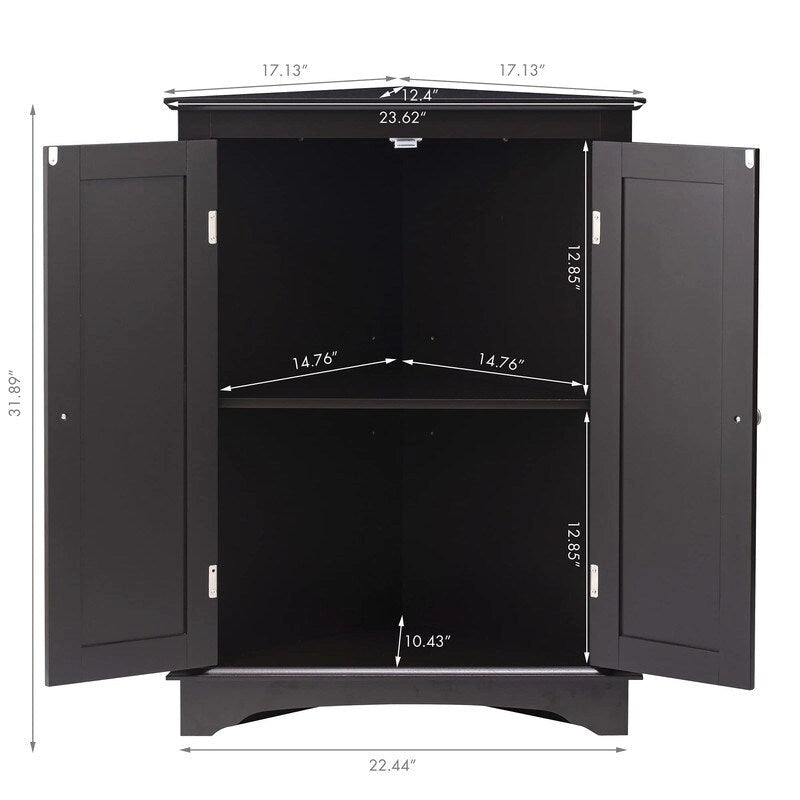Freestanding Corner Floor Cabinet with 2 Beadboard Doors & 3 Shelves
