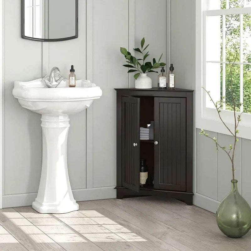 Freestanding Corner Floor Cabinet with 2 Beadboard Doors & 3 Shelves