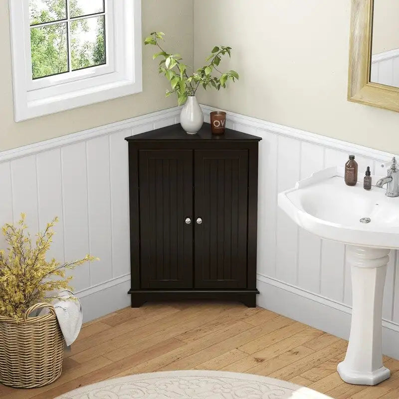 Freestanding Corner Floor Cabinet with 2 Beadboard Doors & 3 Shelves