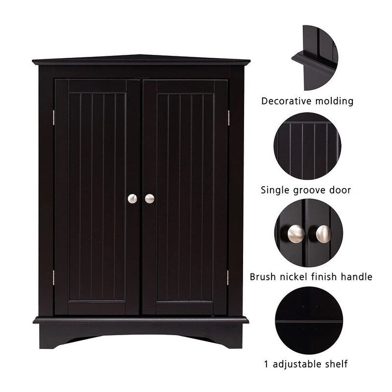 Freestanding Corner Floor Cabinet with 2 Beadboard Doors & 3 Shelves