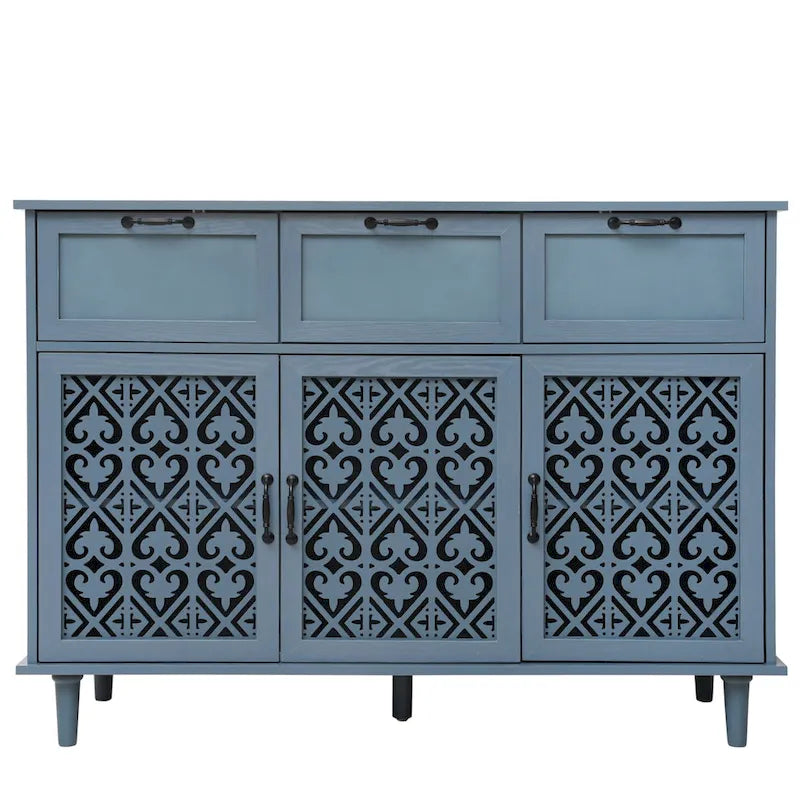 Retro Carved Panel Dresser with 3 Drawers & 3 Doors, Solid Wood Legs
