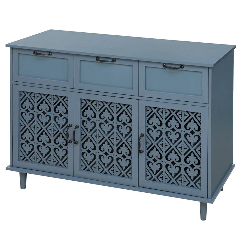 Retro Carved Panel Dresser with 3 Drawers & 3 Doors, Solid Wood Legs