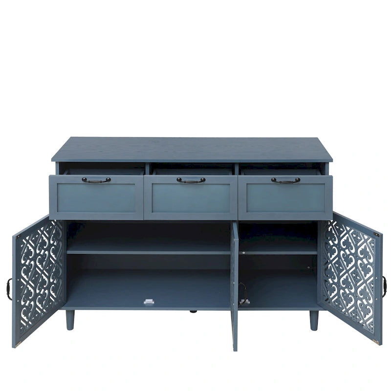 Retro Carved Panel Dresser with 3 Drawers & 3 Doors, Solid Wood Legs