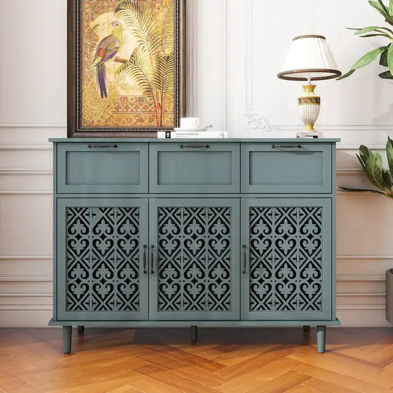 Retro Carved Panel Dresser with 3 Drawers & 3 Doors, Solid Wood Legs