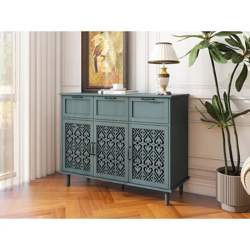 Retro Carved Panel Dresser with 3 Drawers & 3 Doors, Solid Wood Legs