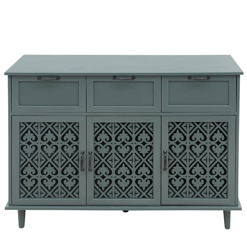 Retro Carved Panel Dresser with 3 Drawers & 3 Doors, Solid Wood Legs