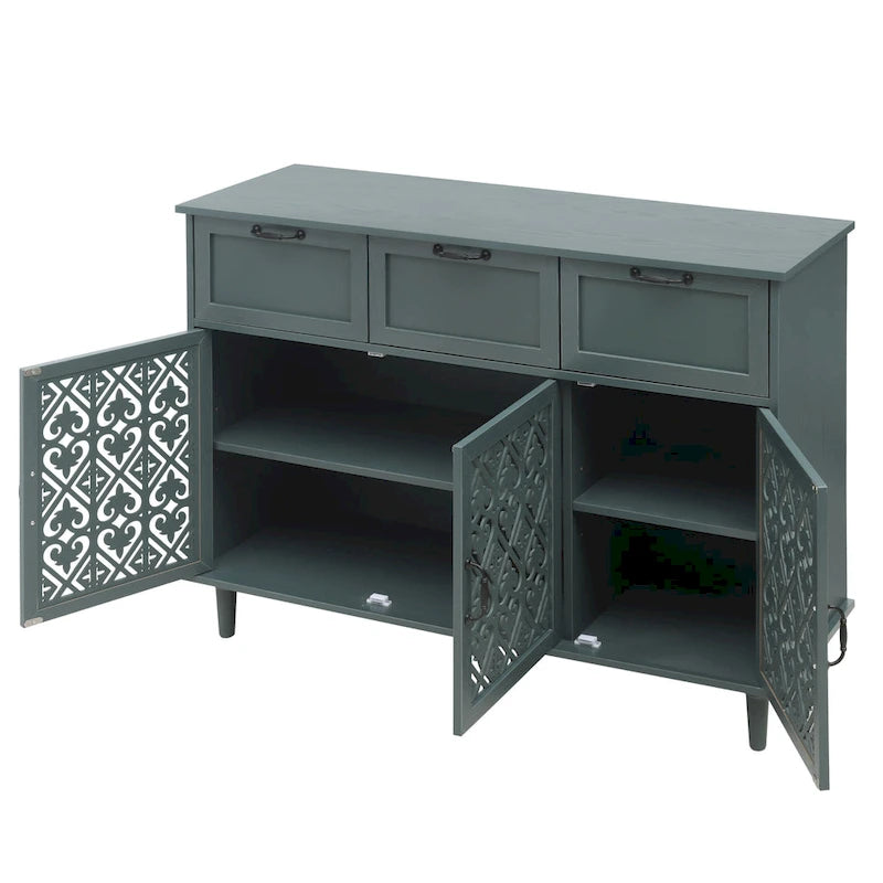 Retro Carved Panel Dresser with 3 Drawers & 3 Doors, Solid Wood Legs