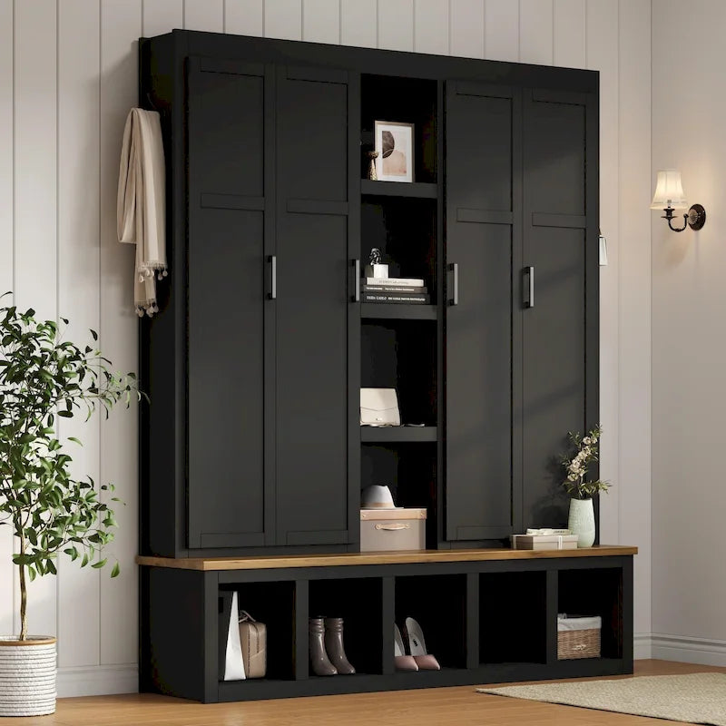 Farmhouse 4-in-1 Hall Tree with Bench, Shoe Storage, Cabinets & Hooks