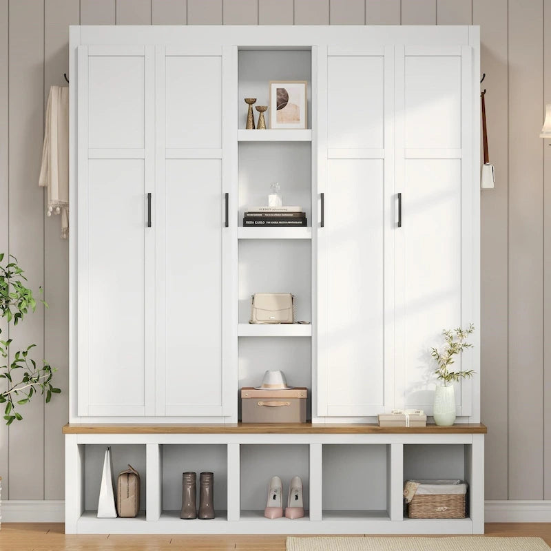 Farmhouse 4-in-1 Hall Tree with Bench, Shoe Storage, Cabinets & Hooks
