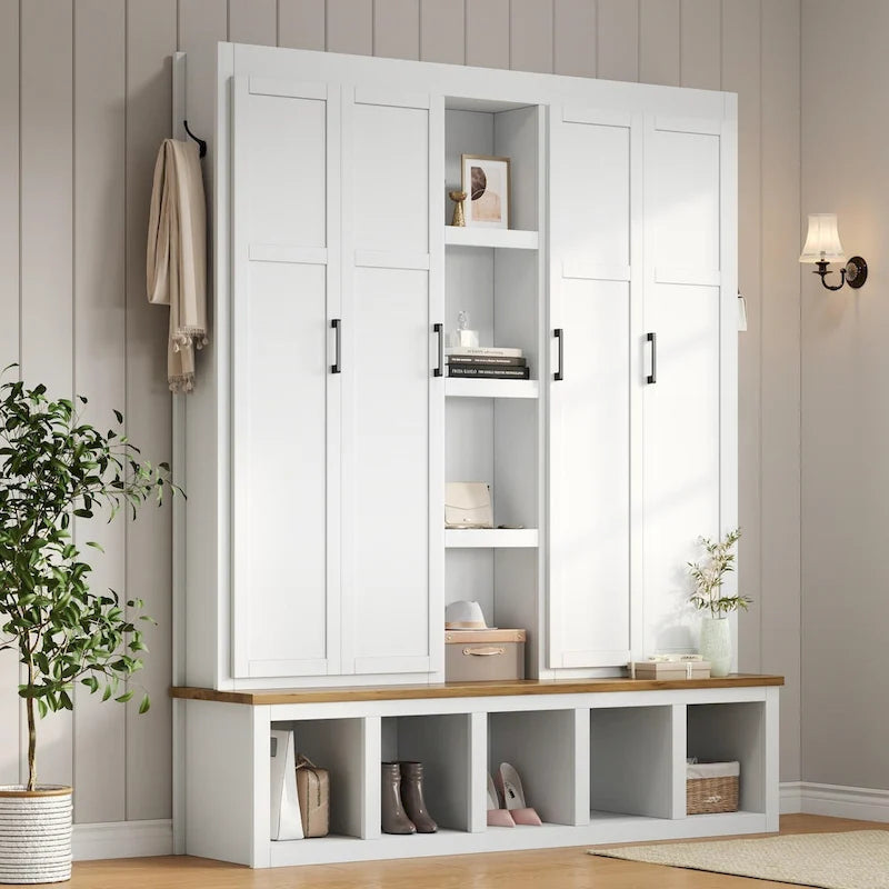 Farmhouse 4-in-1 Hall Tree with Bench, Shoe Storage, Cabinets & Hooks