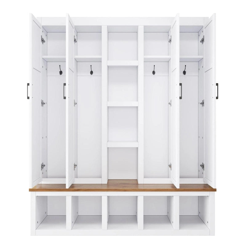 Farmhouse 4-in-1 Hall Tree with Bench, Shoe Storage, Cabinets & Hooks