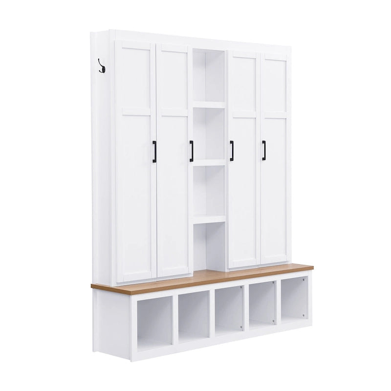 Farmhouse 4-in-1 Hall Tree with Bench, Shoe Storage, Cabinets & Hooks