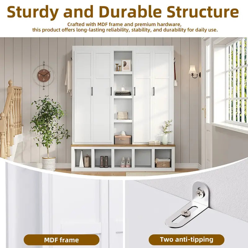 Farmhouse 4-in-1 Hall Tree with Bench, Shoe Storage, Cabinets & Hooks
