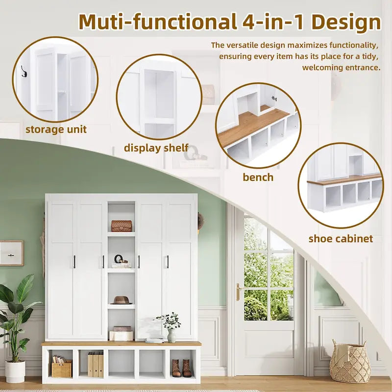 Farmhouse 4-in-1 Hall Tree with Bench, Shoe Storage, Cabinets & Hooks