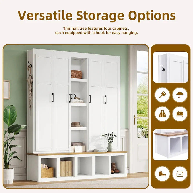 Farmhouse 4-in-1 Hall Tree with Bench, Shoe Storage, Cabinets & Hooks