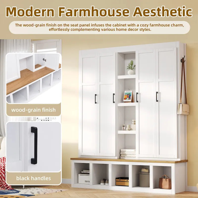 Farmhouse 4-in-1 Hall Tree with Bench, Shoe Storage, Cabinets & Hooks
