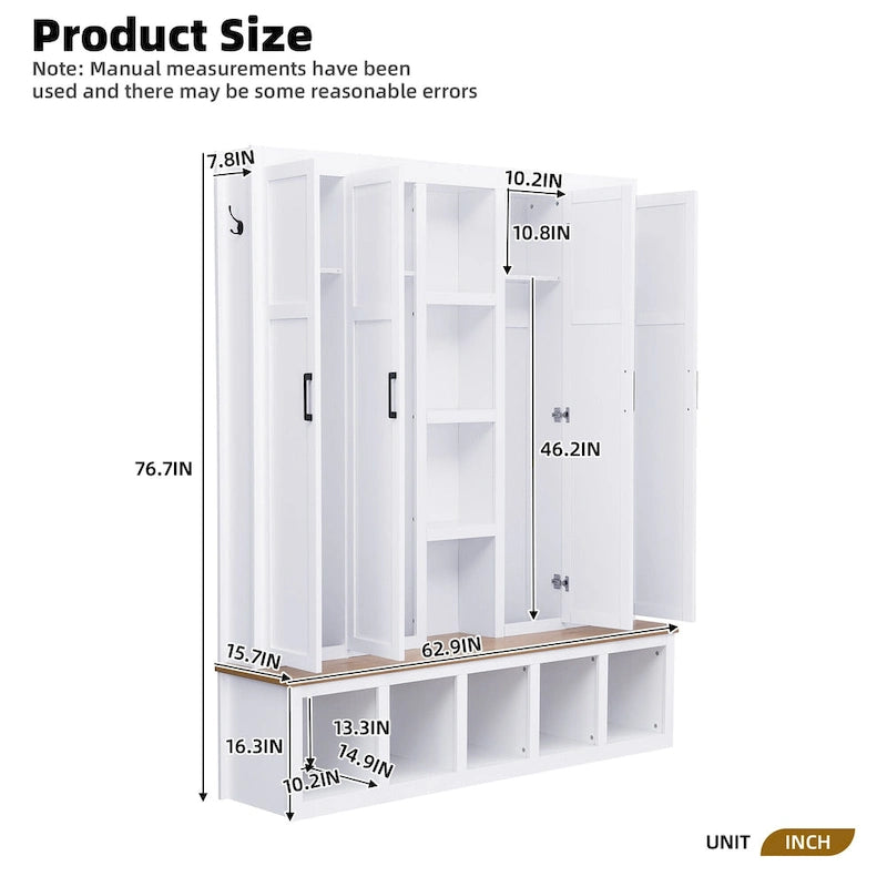 Farmhouse 4-in-1 Hall Tree with Bench, Shoe Storage, Cabinets & Hooks