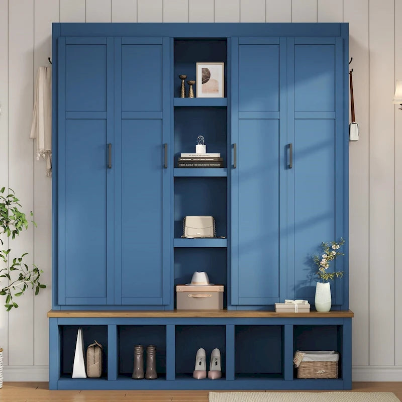 Farmhouse 4-in-1 Hall Tree with Bench, Shoe Storage, Cabinets & Hooks