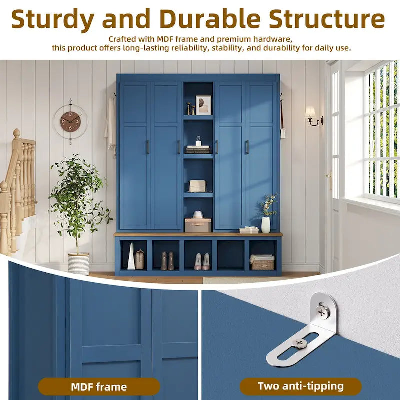 Farmhouse 4-in-1 Hall Tree with Bench, Shoe Storage, Cabinets & Hooks