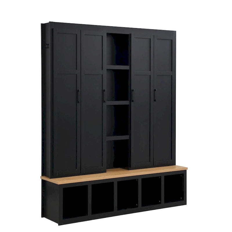 Farmhouse 4-in-1 Hall Tree with Bench, Shoe Storage, Cabinets & Hooks