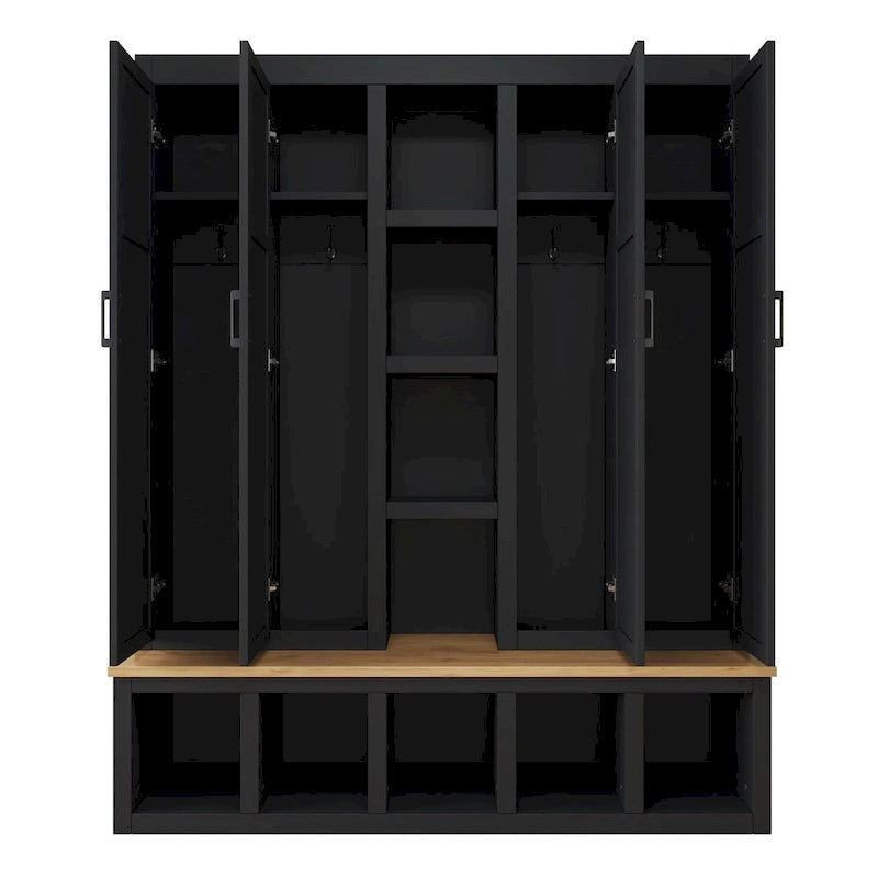 Farmhouse 4-in-1 Hall Tree with Bench, Shoe Storage, Cabinets & Hooks