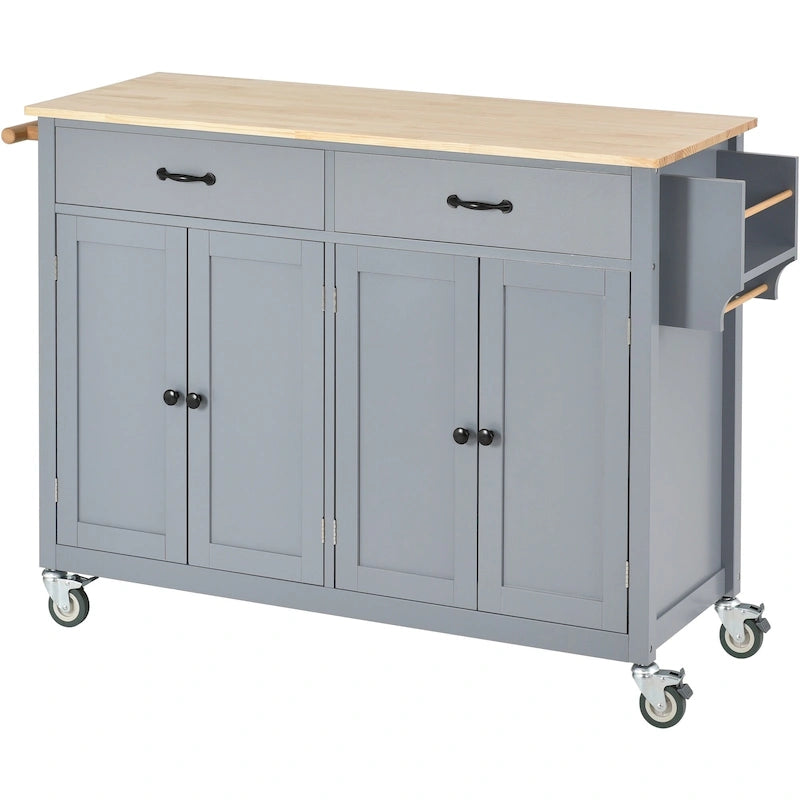 Kitchen Island Cart with Solid Wood Top & 4-Door Cabinet