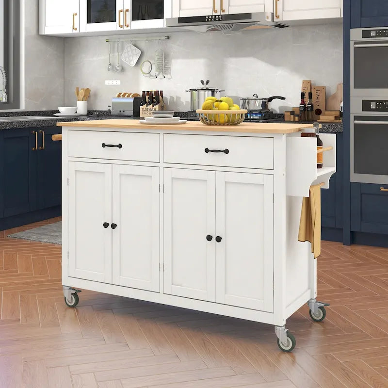 Kitchen Island Cart with Solid Wood Top & 4-Door Cabinet