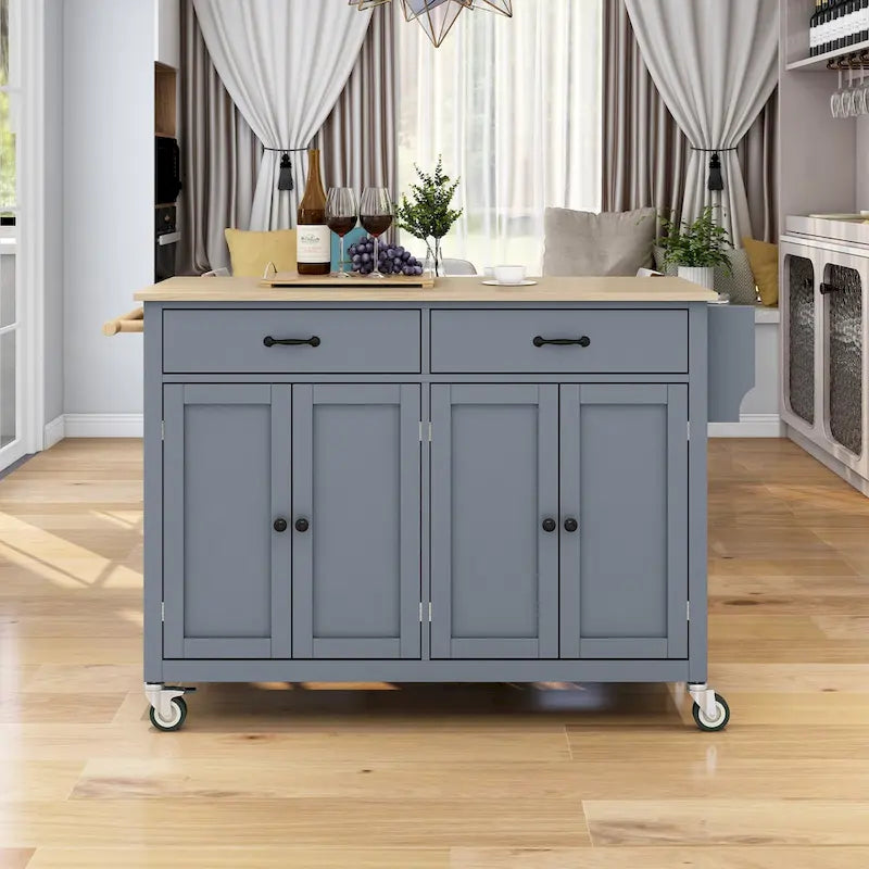 Kitchen Island Cart with Solid Wood Top & 4-Door Cabinet