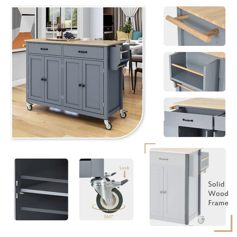 Kitchen Island Cart with Solid Wood Top & 4-Door Cabinet