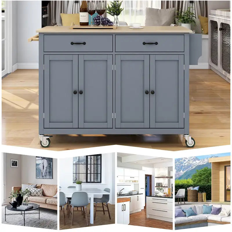 Kitchen Island Cart with Solid Wood Top & 4-Door Cabinet