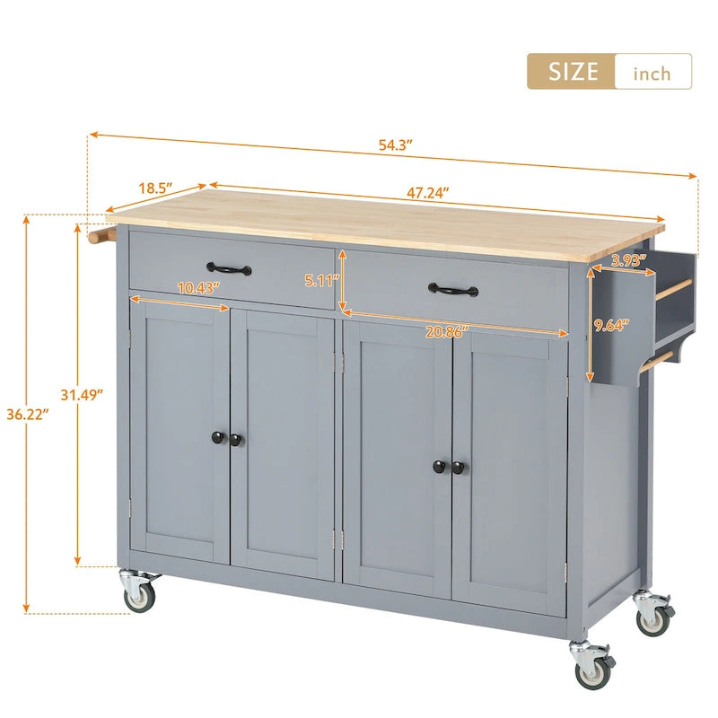 Kitchen Island Cart with Solid Wood Top & 4-Door Cabinet