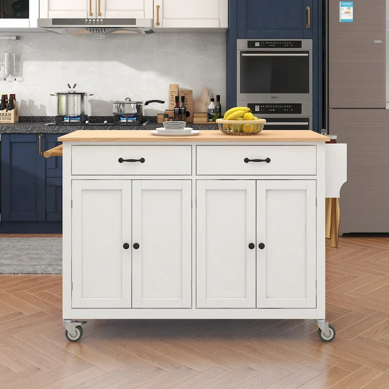 Kitchen Island Cart with Solid Wood Top & 4-Door Cabinet
