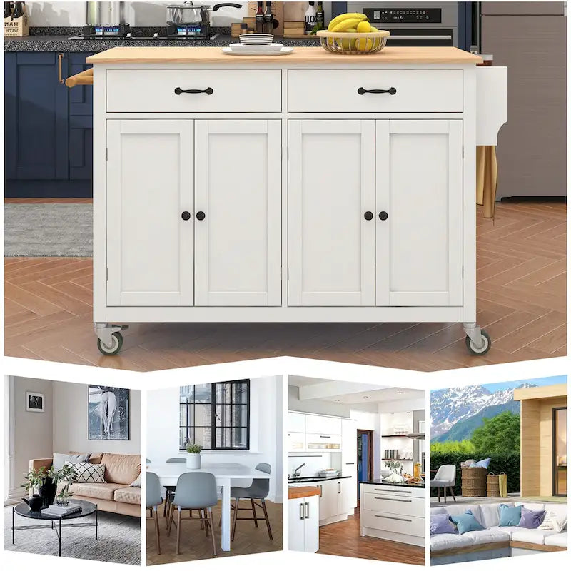 Kitchen Island Cart with Solid Wood Top & 4-Door Cabinet