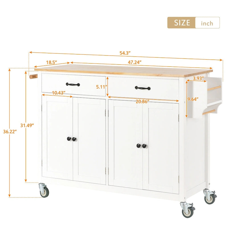 Kitchen Island Cart with Solid Wood Top & 4-Door Cabinet
