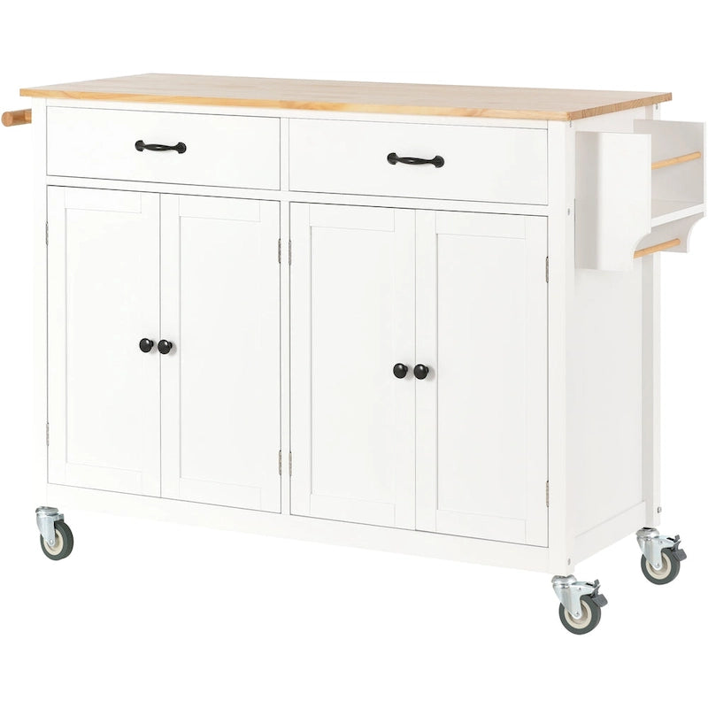 Kitchen Island Cart with Solid Wood Top & 4-Door Cabinet