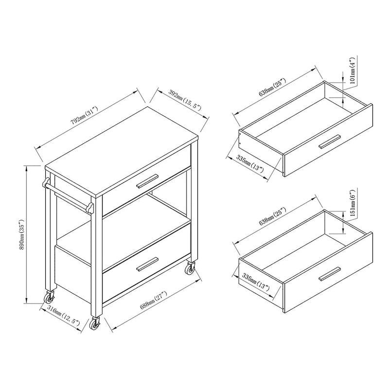2-Drawer Serving Cart with Open Shelf