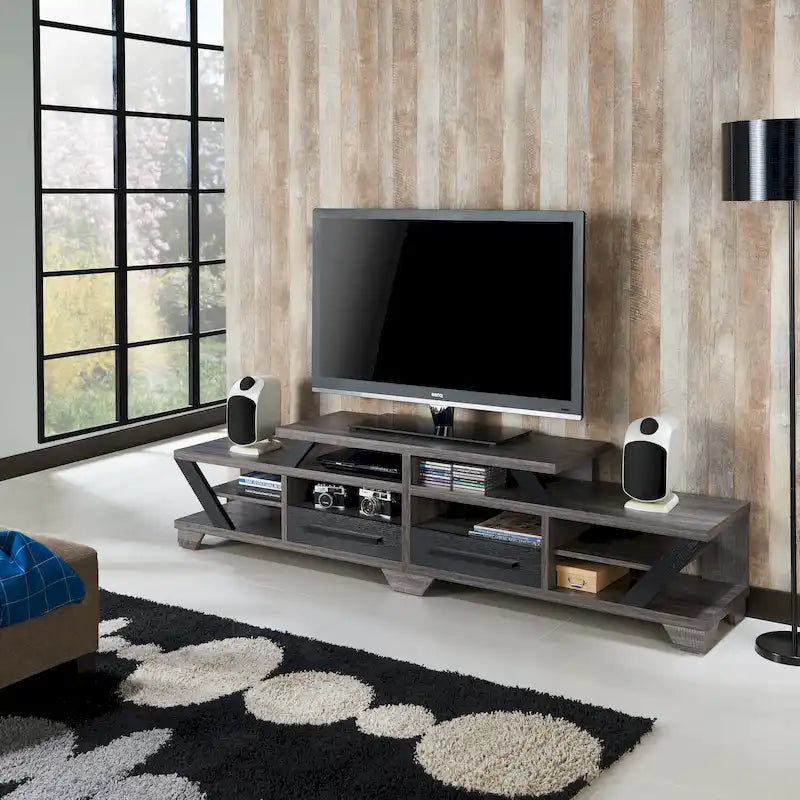 82" Tiered Open Shelf TV Stand with Drawers, Distressed Grey
