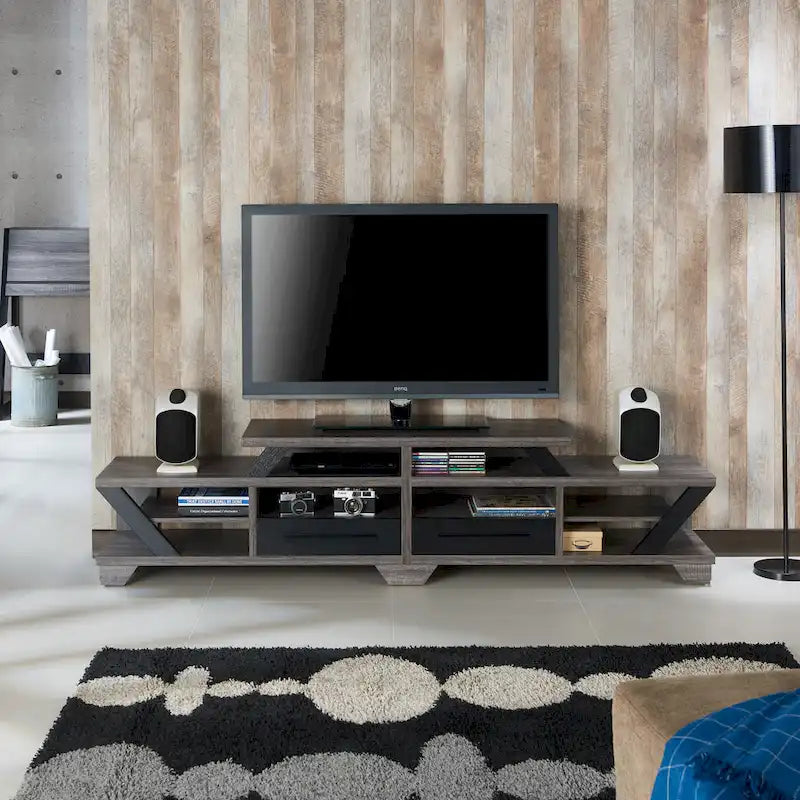 82" Tiered Open Shelf TV Stand with Drawers, Distressed Grey