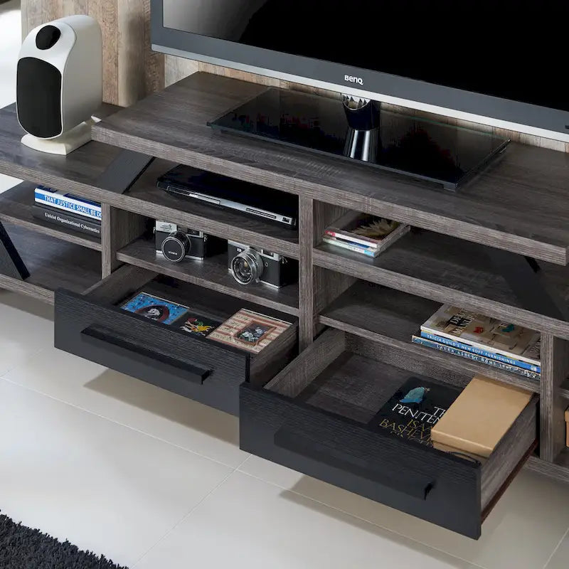 82" Tiered Open Shelf TV Stand with Drawers, Distressed Grey