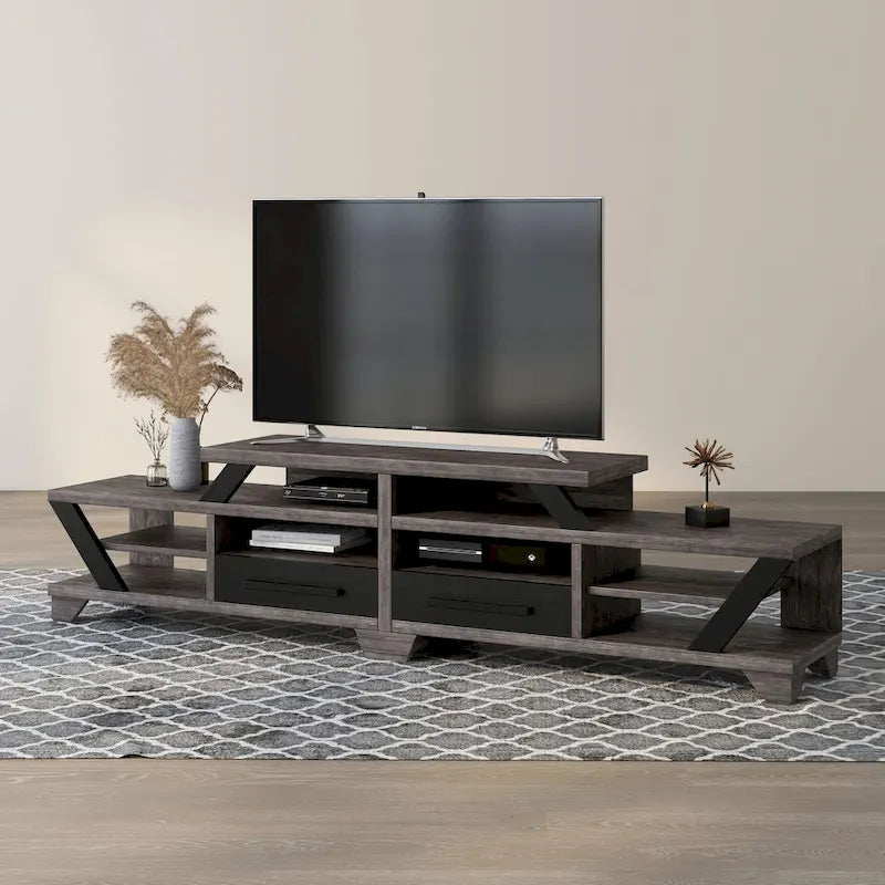 82" Tiered Open Shelf TV Stand with Drawers, Distressed Grey