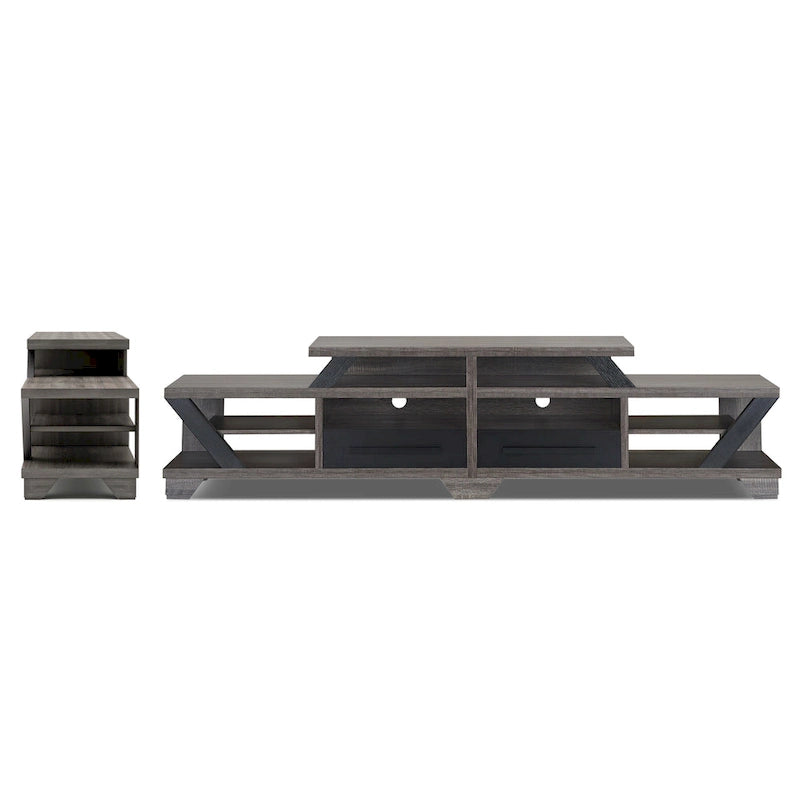 82" Tiered Open Shelf TV Stand with Drawers, Distressed Grey